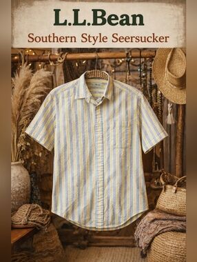 Vintage L.L. Bean Yellow and Blue Striped Seersucker Short-Sleeve Shirt